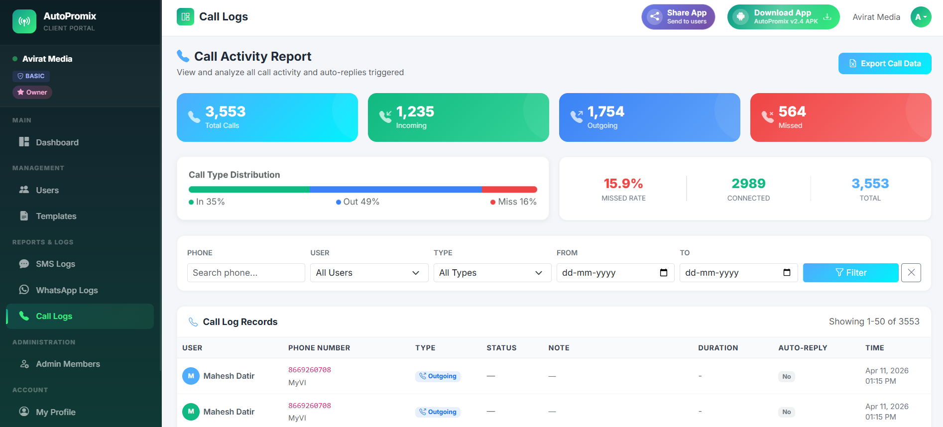 AutoPromix call logs panel